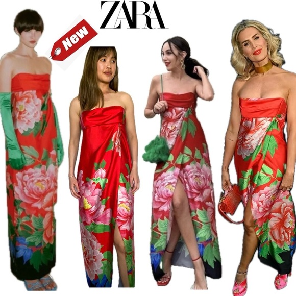 Zara red tropical floral flower strapless maxi dress front slit Sz S NWT - Picture 16 of 16